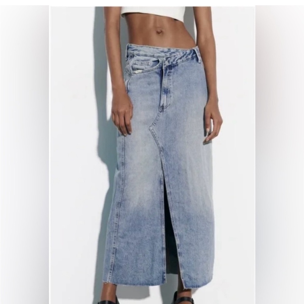 Zara Light Blue Denim Maxi Skirt with Center Front Slit